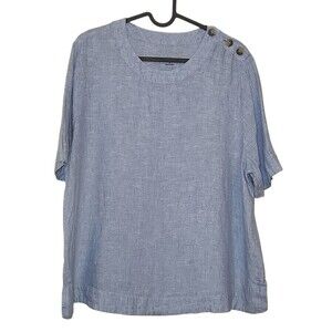 M&S Pure Linen Blue Lagan Top Size 12 Shoulder Button Detail Marks and Spencer
